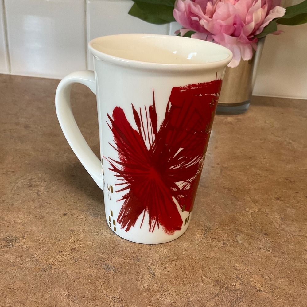 Starbucks 2014 Red Abstract Gold Metallic Ceramic Coffee Mug 12oz Holiday Cup